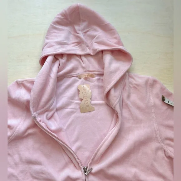 VTG F21 Light Baby Pink Velour Zip up Track Jacket Hoodie L - Picture 7 of 9